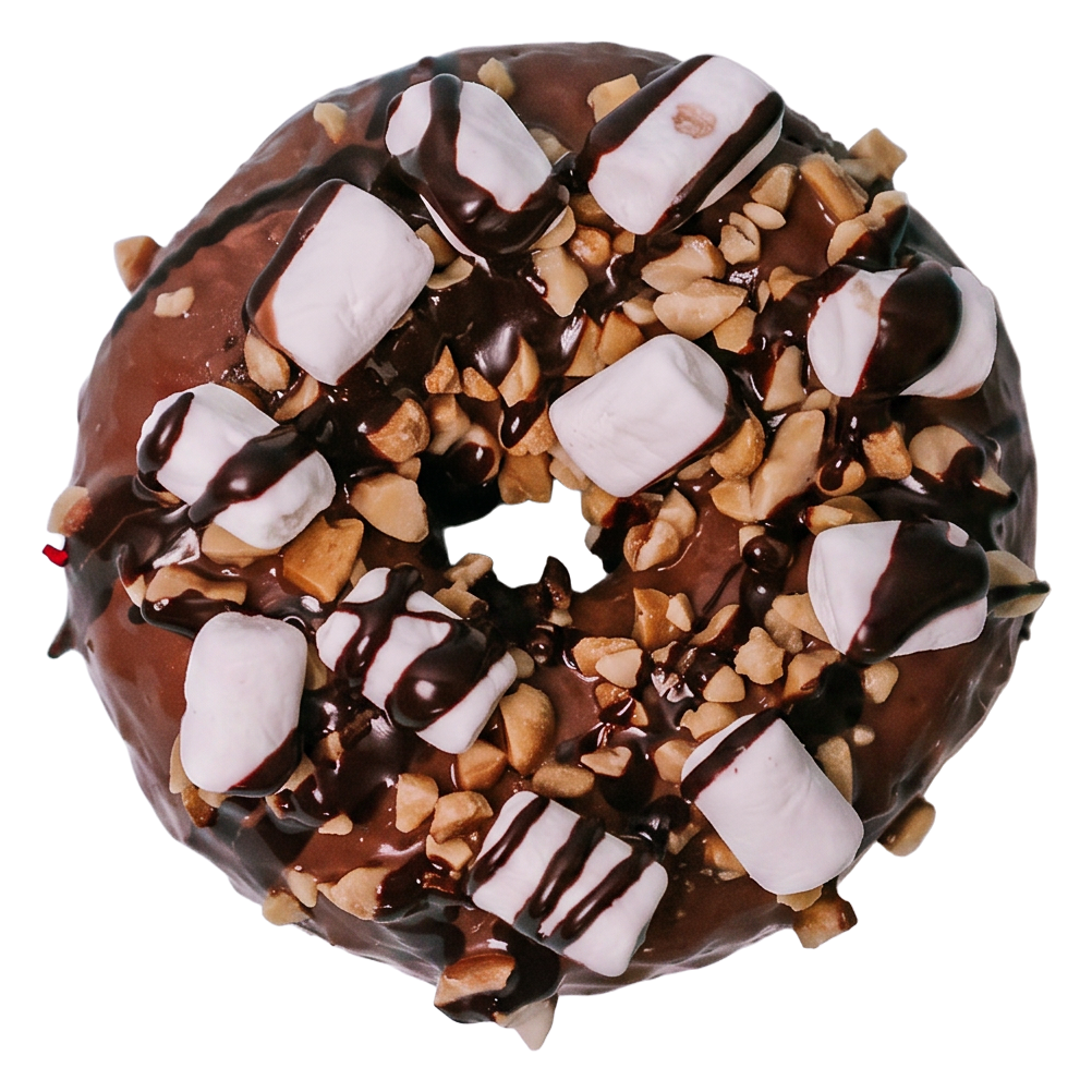 Rocky Road gluten-free doughnut with marshmallow, nuts and dark chocolate drizzle