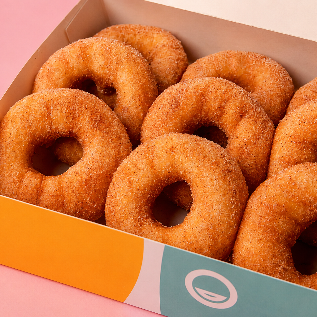 Freshly cooked Happy Dough cinnamon doughnuts, warm and coated in cinnamon sugar