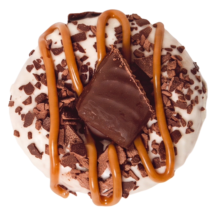 Tim Tam Biscuit gluten-free doughnut with white glaze, chocolate pieces and caramel drizzle