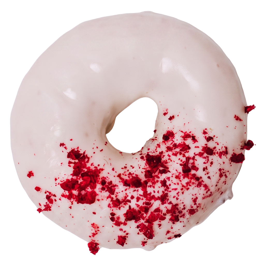 White Truffle gluten-free doughnut with white glaze and red berry crumb